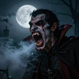 A bloody, menacing vampire opening its mouthx, baring its fangs, under the moon, twilight,  vapor,hyperdetailed, hyperealistic, darkart ,loftcraft style, 4k