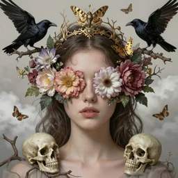 ornate, intricate, young, beautiful, woman, realistic portrait, ethereal, flowers covering eyes, skulls, soft clean focus, art by emil melmoth, gustave dore, craig mullins, yoji shinkawa, art germ, pete morbacher, david lynch, hyper detailed, high detail, artstation, hyperrealistic, unreal engine 5, ravens, branches, leaves, ghost, clouds, colors, moths, gold, morbid headpiece,