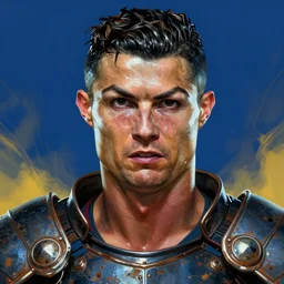 The angry God Cristiano Ronaldo, portrait, highly detailed, digital painting, artstation, concept art, smooth, detailed rusty armor, sharp focus, beautiful face, symmetric face, dystopian, cinematic, videogame cover art, illustration, fantasy, blue and yellow color theme, art by Artgerm and Greg Rutkowski and Alphonse Mucha