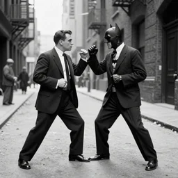 old black and white photo, 1 9 2 5, depicting batman fighting a al capone in black tie and suit in an alley of new york city, rule of thirds, historical record
