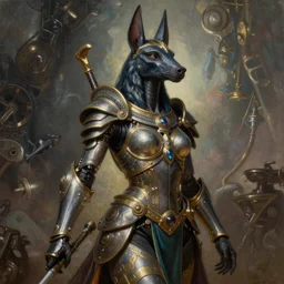 Mystical Atlantean Valkyrie, Regal, Realistic, Refined, full portrait of a beautiful female Anubis Cyborg Warrior, Detailed Digital Art, Oil Painting, William-Adolphe Bouguereau, Steampunk, Walt Disney (1937), dynamic lighting, Josephine wall, very beautiful, character illustration by François Boucher, Highly Detailed, Cinematic Lighting, Unreal Engine, 8k, HD