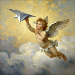 an idyllic scene of a single winged cherub!! flying trough clouds and playing with a large origami plane, in the style of bouguereau, art nouveau, symbolism, soft ligthing, golden our, oil on canvas, highly detailed, naturalism, magic
