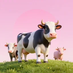 3 d render of cow on hill pink sun