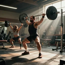 Ron Perlman and Tom Waits weightlifting at a gym, dynamic, cinematic, powerful