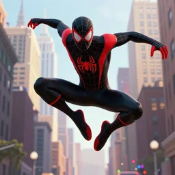 exciting matte painting full body character illustration of miles morales spiderman from into the spiderverse swinging through brooklyn new york, black and red color scheme costume, miles morales!!!, into the spiderverse, spiderverse, 8 k, octane render, spiderman costume, in the style of sony pictures animation, movie poster, smooth, well proportioned body, realistic proportions
