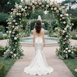 analog photograph of beautiful woman from the back wearing a long flowing trumpet style satin wedding dress in stunning garden on a stone pathway with a flower archway and a pristine fountain at midday by mark owen. rule of thirds. pastel colours. hessian. bokeh. cinematic. hq. detailed. contrast. cinestill 8 0 0 t