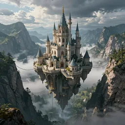 an immense floating castle, in the midst of high mountains, hanging by chains, inside a gorge, below only cloud dark void, 8k resolution, artstation trends