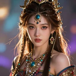 a beautiful fantasy girl, brown hair, lots of jewelry, epic lighting, vibrant colors and hard shadows and strong rim light, very coherent, digital art, trending on artstation, finely detailed features, ross tran, sam yang