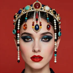 an 8 0 s close - up portrait of a woman with dark eye shadow and red lips with dark slicked back hair, a mask of beads and jewels hanging from a crown by serge lutens, delphin enjolras, peter elson, flat surreal psychedelic colors, background of classic red cloth