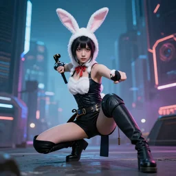 a girl in a rabbit outfit with a samurai mes stands in a low combat stock, depth of field, fantasy and cyberpunk stylization, focus on the foreground,