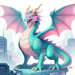 hyper detailed illustration of a dragon, teal and pink color scheme, cyberpunk city background, digital illustration by artist artist ilya kuvshinov