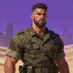 purple scene lighting, detailed character portrait concept art, white male, strong muscular mature, soldier with beard, short hair, in a soldier uniform, desert with city in the background, sharp focus, illustration, highly detailed, digital painting, concept art, matte, art by wlop and artgerm and greg rutkowski, masterpiece