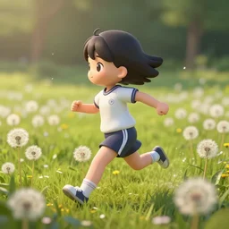 cute 2 d bombshell anime girl ( gym uniform ) running through a field of dandelions. volumetric lighting, dynamic pose, epic composition, atmospheric perspective, ambient occlusion, bounced lighting, subsurface scattering, depth of field, glow, perlin noise, chromatic abberation, 4 k, srgb, p 3, 4 k, 8 k, cinematic. beautiful line