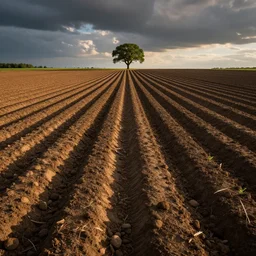 potato field, lines of soil furrows, lines leading away from camera to a single point on the horizon, single beautiful tree on horizon