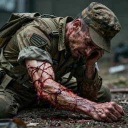 a soldier writhing in pain with bloody wires bursting out of their right arm in the style of david cronenberg trending on artstation deviantart pinterest hyper detailed photorealistic highlights and shadow hd 8 k post - processing high resolution
