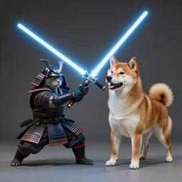 Samurai shiba inu is fighting with scottish cat with lightsaber