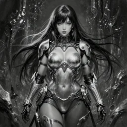By Tom Bagshaw, ultra realist soft painting of an attractive thicc curvy cyberpunk anime female fully body armored, with thin lustrous long hair floating, photorealistic eyes render, looking at camera, curiosities carnival, symmetry accurate features, very intricate details, focus, dark fantasy background black and white