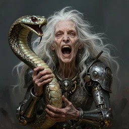 death is swallowed up in victory, very detailed and beautiful face, white hair, screaming, very old woman, holding a mechanical cobra, artwork by artgerm, centered face shot, wide angle, full body, elfpunk, mythpunk, fantasy, highly detailed, digital painting, artstation, smooth, sharp focus, art by thomas kinkade and h. r. giger and tyler edlin