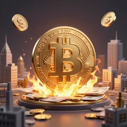 a burning city money, crypto scenery 3D render, artstation, cinematic, Cinema 4D
