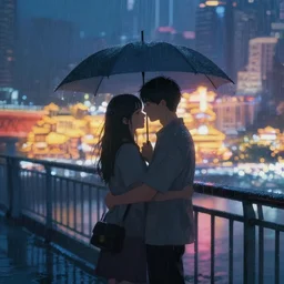 hugging the love of your life in the rain at night in a modern chinese city on a bridge, volumetric lighting, realistic illustration, perfectly shaded, soft painting, dreamlike, moody lighting, artstation, backlight, bokeh, silhouette, cinematic