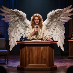 biblical angel hosting a late night talk show, surrealism, strange, bizarre, late night talk show