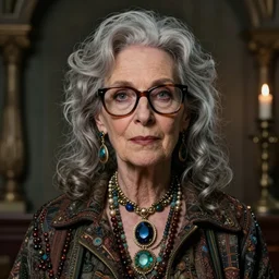 fantasy portrait of middle aged woman, eclectic, gray hair, big glasses, big jewelry, professor trelawney, weird, in the style of ryan jia, highly detailed. 8 k