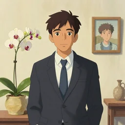 artwork by Michael Whelan, Bob Larkin and Tomer Hanuka, of a solo individual portrait of an Indian guy with orchids, dapper, simple illustration, domestic, nostalgic, full of details, by Makoto Shinkai and thomas kinkade, wes anderson, wes anderson, wes anderson, wes anderson, wes anderson, Matte painting, trending on artstation and unreal engine