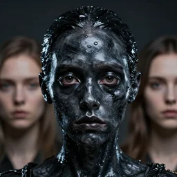 black shiny translucent translucent gel covers the face and head of a zombie girl. portrait, cinematic, high details, masterpiece, cgsociety, octane render, 8 k, photorealism, hyperrealism, perfect face, beautiful lighting, symmetrical, art by alexander jansson and agnes lawrence pelton and anna dittmann