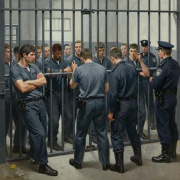 hyperrealism painting of prisoners scheming to escape prison while guards are distracted