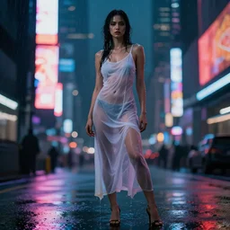 hyperdetailed, rule of thirds, cinematic portrait with a 4 0 0 mm lens and bokeh under the dim lights of screens with colorful advertising at a lone realistic sexy model, face with artgram, wearing a sheer, wet, see through white dress, soaked in the rain, high heels, volumetric lighting, blade runner aesthetic