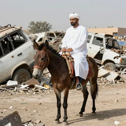 president Sisi of egypt riding a mule through a junkyard