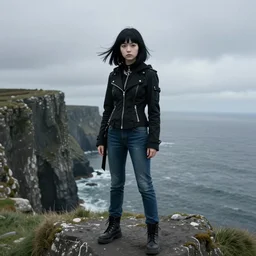 1 7 - year - old pale - skinned persian girl with black long bob cut, black gothic jacket, blue jeans, psychic girl, psychokinetic girl, standing on cliff along the irish coast, overcast gray skies, ultra - realistic, sharp details, subsurface scattering, intricate details, cold lighting, highly detailed, photorealistic, octane render, 8 k unreal engine, art by artgerm