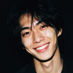 joji grinning at the camera with his head being slightly tilted to the right, lots of grain, red reflection in eyes, dark pitch black background.