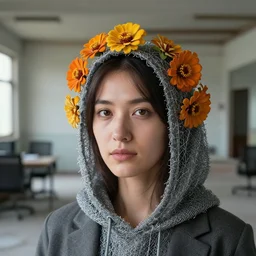 a closeup portrait of a woman wearing a hood made of wire and zinnias, in an abandoned office building, by jan van eyck, canon eos c 3 0 0, ƒ 1. 8, 3 5 mm, 8 k, medium - format print