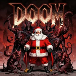 ( doom ) cover featuring santa!! claus!! surrounded by demons, by jimmy presler, artstation, vivid gaze, clear eyes