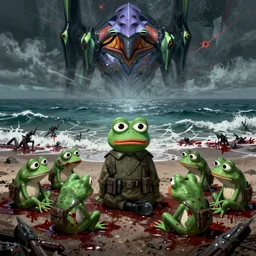 resolution 4k made in abyss design Akihito Tsukushi design body pepe the frog war bloody war wounded frogs sea of blood Cold war S.T.A.L.K.E.R a bloody conflict visceral military sitting by an ocean of blood the group of pepes sitting at the shore dream like end of evangelion , fractals , pepe the frogs at war, art in the style of and Oleg Vdovenko and Akihito Tsukushi ,Stefan Koidl