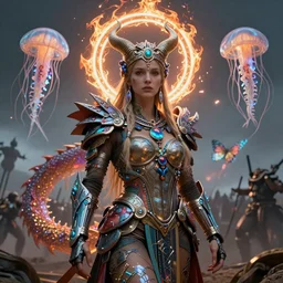 viking goddess portrait tribal princess , on a battlefield, high tech, cyberpunk, dystopian, jellyfish phoenix dragon, butterfly squid, burning halo, intricate artwork by Conrad Roset and Brooke Shaden, very coherent symmetrical artwork, cinematic, hyper realism, high detail, octane render, unreal engine, 8k, Vibrant colors, Smooth gradients, High contrast, depth of field,