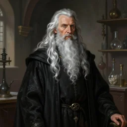 portrait of an alchemist in a magic laboratory, by greg rutkowski and alphonse mucha, d & d character, gradient black to silver, medevial interior background, highly detailed portrait, digital painting, artstation, concept art, smooth, sharp focus ilustration, artstation hq