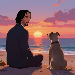 concept art by jama jurabaev, cel shaded, cinematic shot, trending on artstation, high quality, brush stroke, hyperspace, vibrant colors, john wick and grey pitbull sit at a beach and look into the sunset