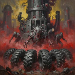 fine art oil painting varied muck jeweled, filthy, doubled, spiked, rugated armored snow tires, tiered, clawing & terrified as massive brutalist structures, claustrophobic cilia sporing pox, final battle failure, red mustard gas fog, by alex nino, francesco blanc, geof darrow, h r giger, bisley, b wolverton,