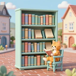bookshelf, cornish cats, brick streets, ancient manuscripts, a reader in a chair, nordic pastel colors, 3 d art, digital illustration, perfect lighting