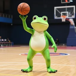 a six foot tall anthropomorphic frog playing basketball