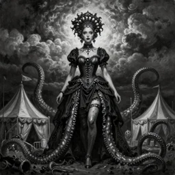 By Tom Bagshaw, ultra realist soft painting of a curiosities carnival and tentacles by night, very beautiful female dollpunk in full gothic dress, symmetry accurate features, very intricate details, omnious sky, black and white, volumetric light clouds