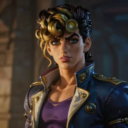 cinematic scene with bella thorne as jolyne from jojo's bizarre adventure, stone ocean, dramatic, small details, volumetric lighting, still frame