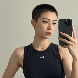 a short haired woman with light eyeliner wearing a y 3 tank top, selfie, iphone photo