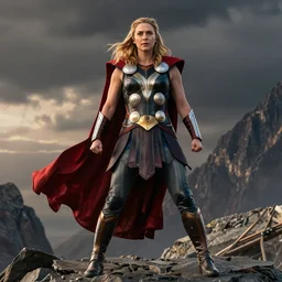 Photorealistic art of Elizabeth Olsen as Mighty Thor, full body, action shot, high definition, cinematic, realistic
