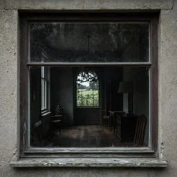creepy Liminal interior seen through an exterior window, in the style of Edward Hooper and Vilhelm Hammershøi and Albert Bierstadt