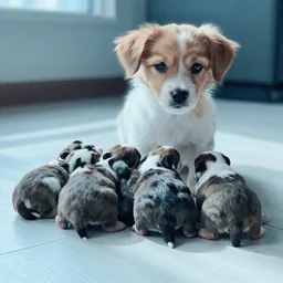 8 0 mm anne geddes photo of a momma dog with her newborn puppies, natural sunlight, indoors, cool colors