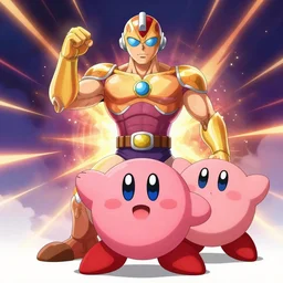 an epic anime of energy man and kirby, ghibli, unreal 5, octane render, rpg portrait, dynamic lighting, epic, epic anime, 2 d
