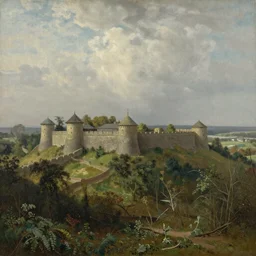 Painting of a fortress overlooking woodland. Highly detailed HD. In the style of John Constable.